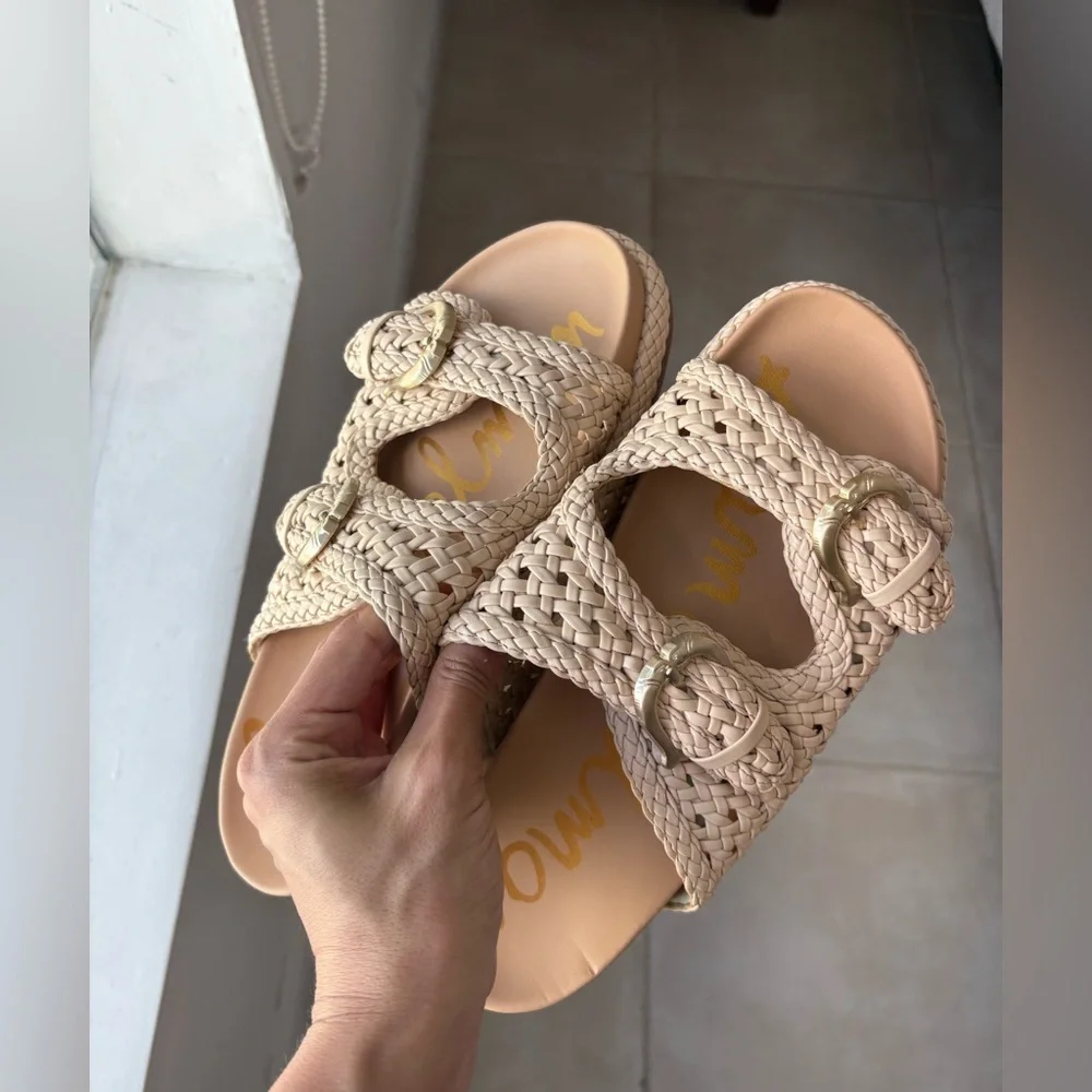 Sam Edelman Reid Linen Woven Sandals Double Stap Slides - Picture 9 of 9